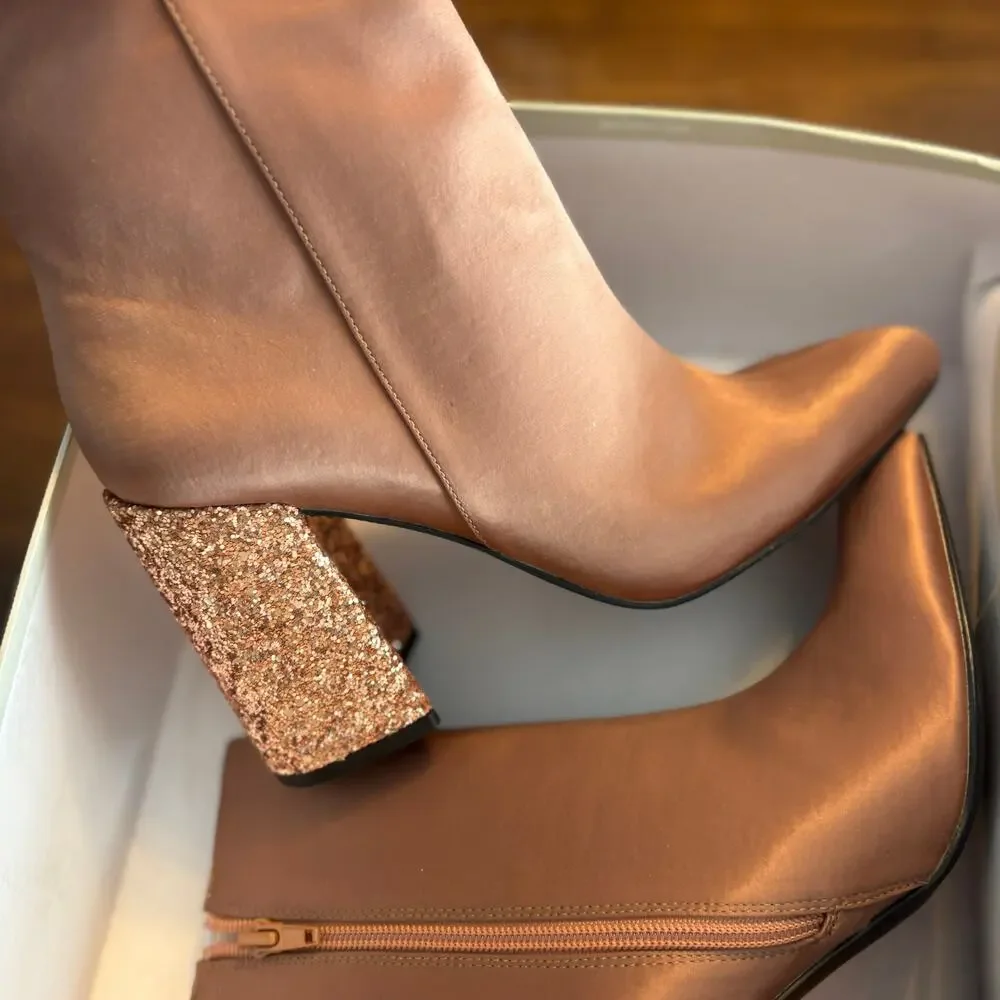 Shellys London Hugsy Satin Boots 8.5 NWT Tan Ankle Heel Glam Sequin Glitter